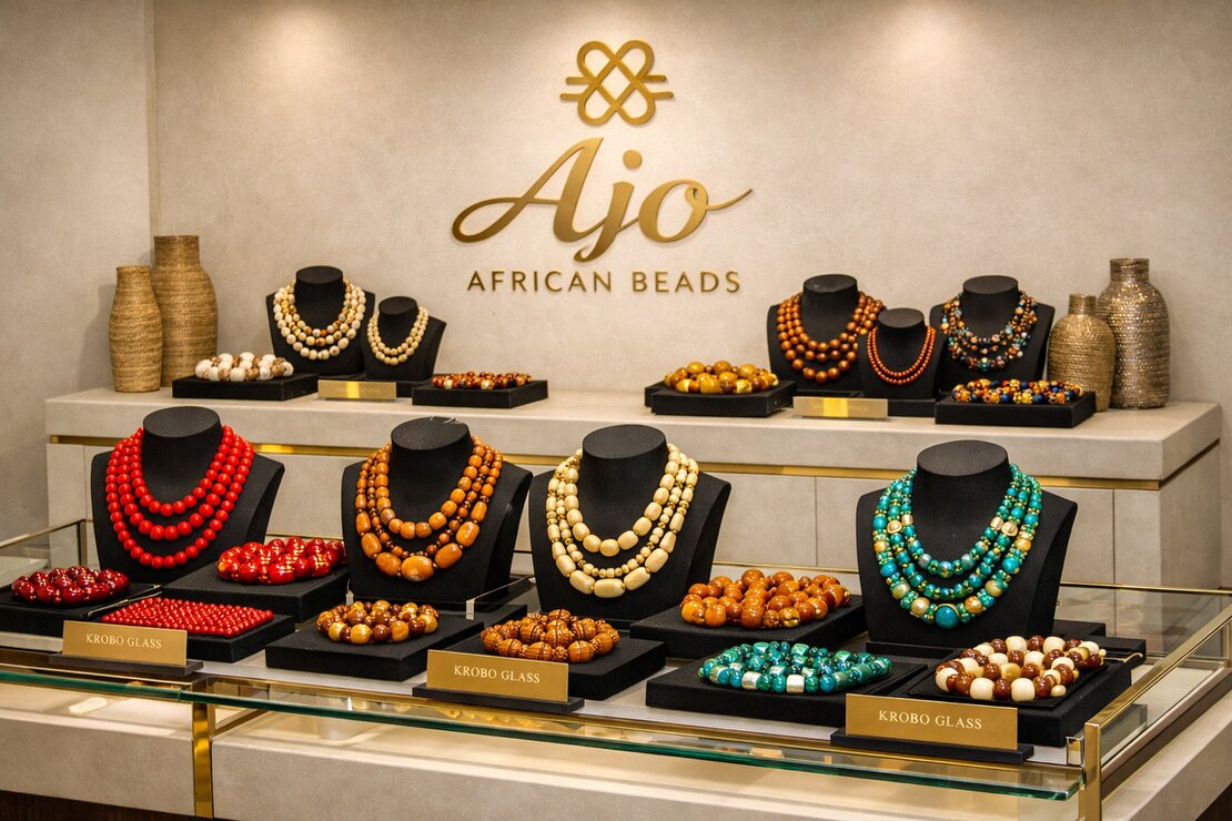Assortment of African beads, bags and accessories on display