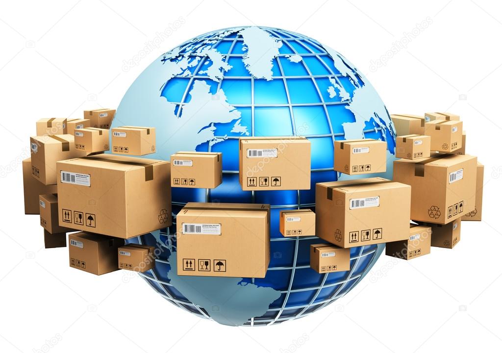 Parcel with world map background representing global shipping