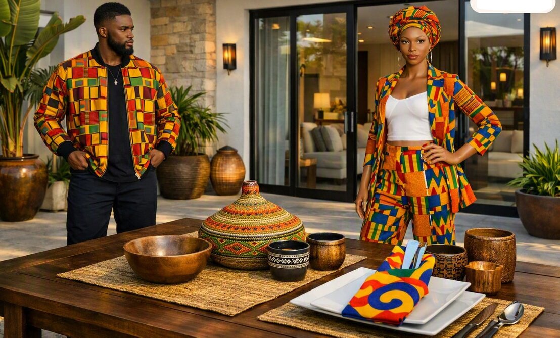 Models wearing colourful African print outfits from WEAR Ghana